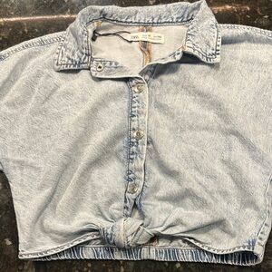 Zara Light Blue Washed Denim Cropped Button-Front Shirt